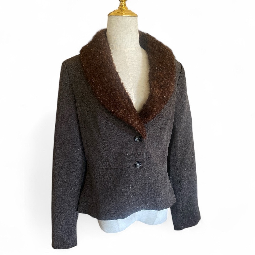 Vintage AGB Sparkling Pinstripe Fur Trimmed Hourglass   Blazer Brown Size 10